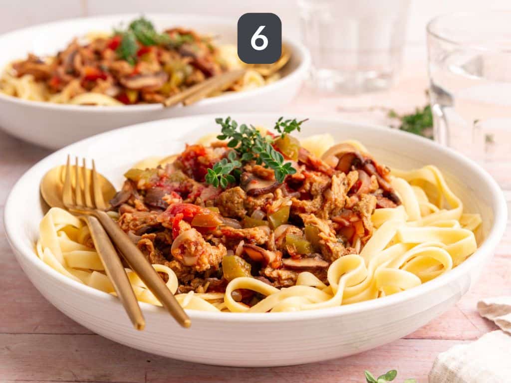 Vegan Cacciatore step 6 - serve over pasta.