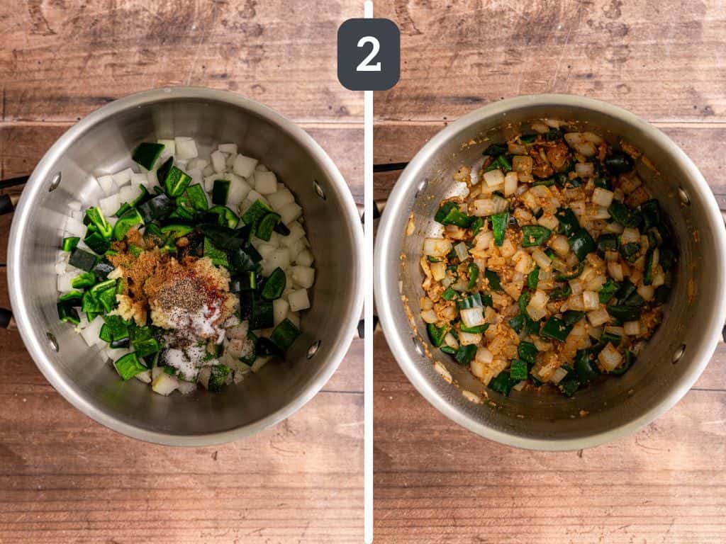 Vegan Pumpkin Chili Step 2 - sauté the onion, pepper, and garlic.