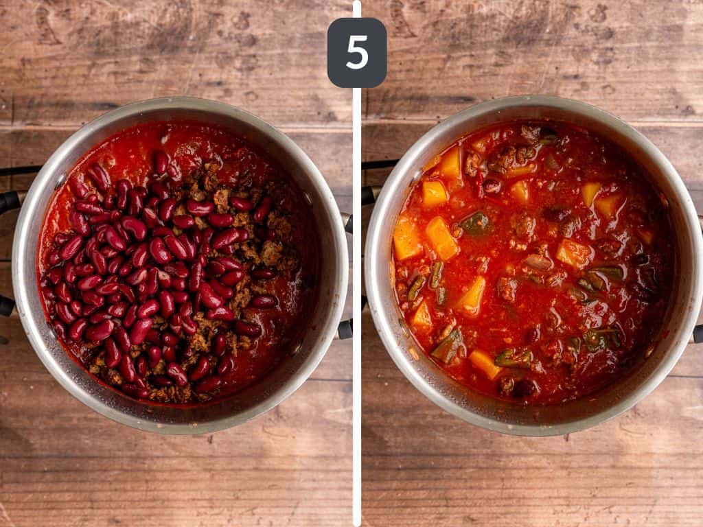 Vegan Pumpkin Chili Step 5 - add the beef and beans.