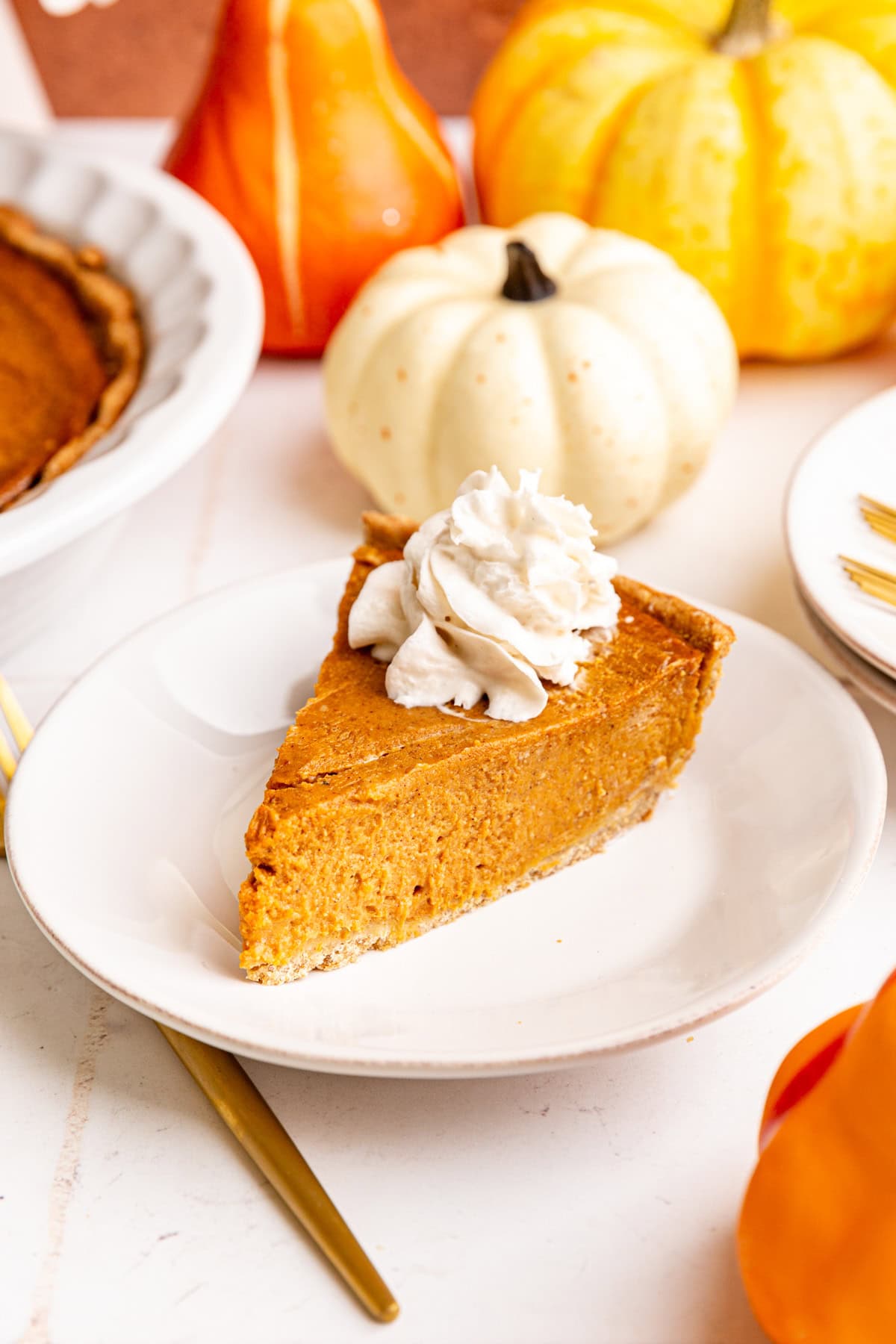A slice of vegan gluten free pumpkin pie, topped with vegan whipped cream.