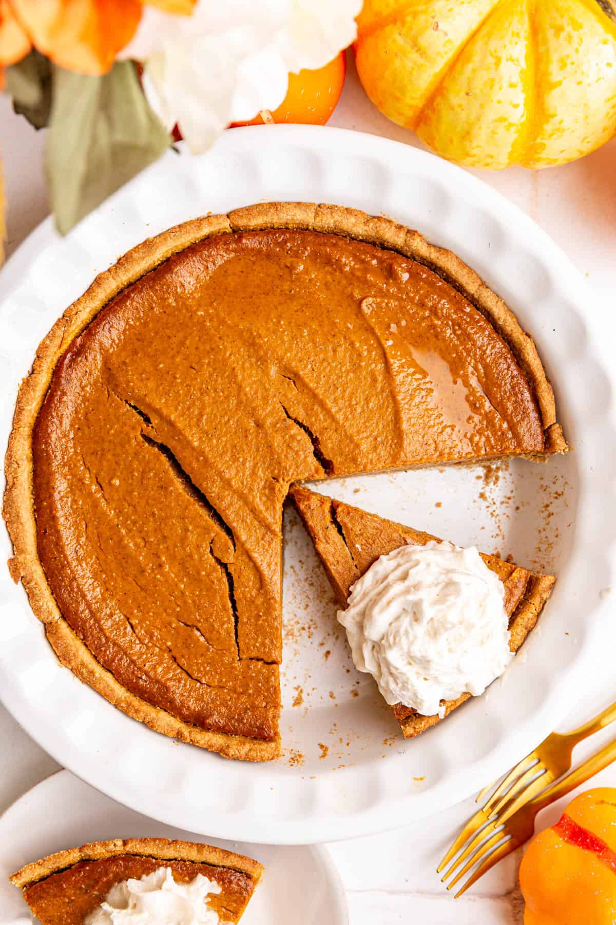 A pie dish with a piece removed.