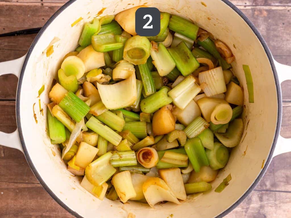 Vegan Celery Soup Step 2 - cook the celery, leek, and potato.