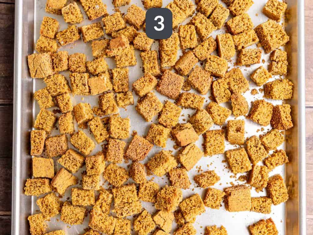 Vegan Cornbread Stuffing Step 3 - toast the cornbread.