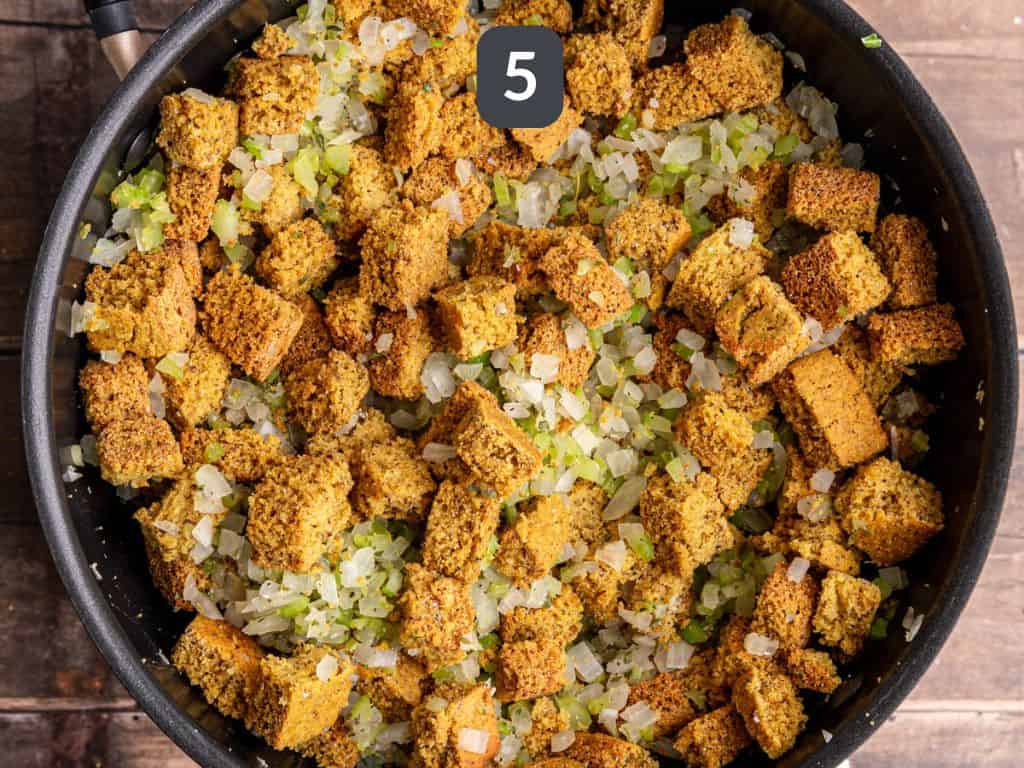 Vegan Cornbread Stuffing Step 5 - toss in the cornbread and herbs.