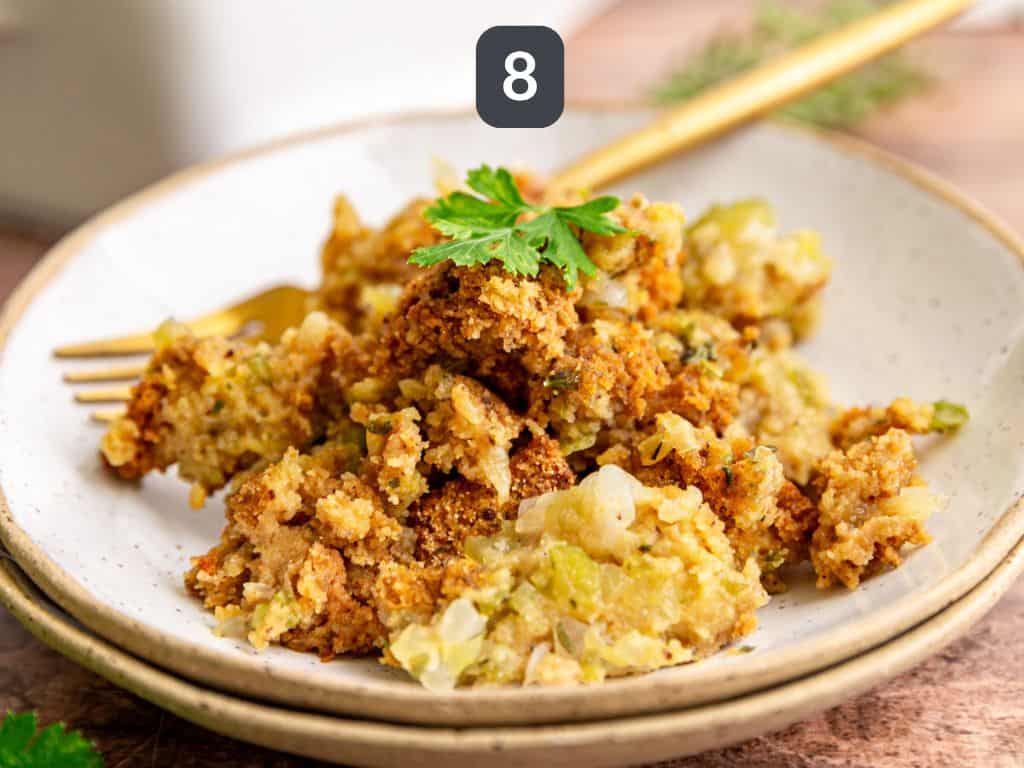 Vegan Cornbread Stuffing Step 8 - garnish with parsley.