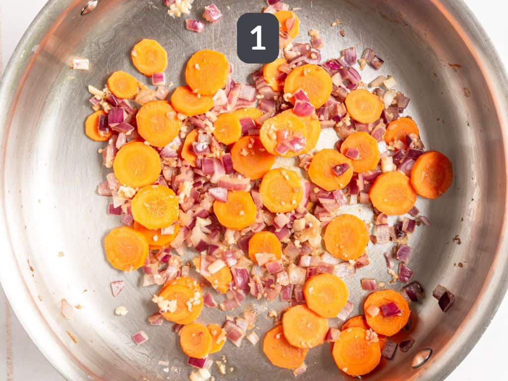 Vegan Mushroom Gravy Step 1 - sauté the carrot and onion.