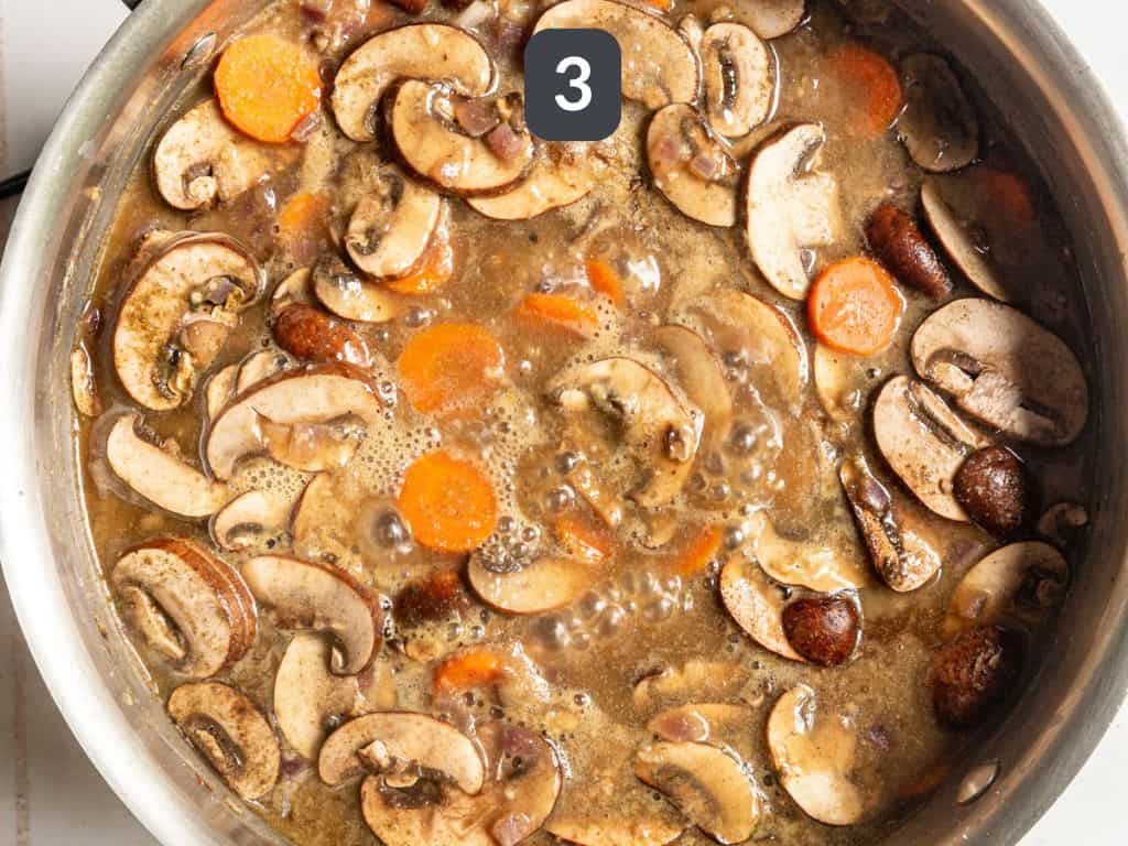 Vegan Mushroom Gravy Step 3 - add the mushrooms and broth.