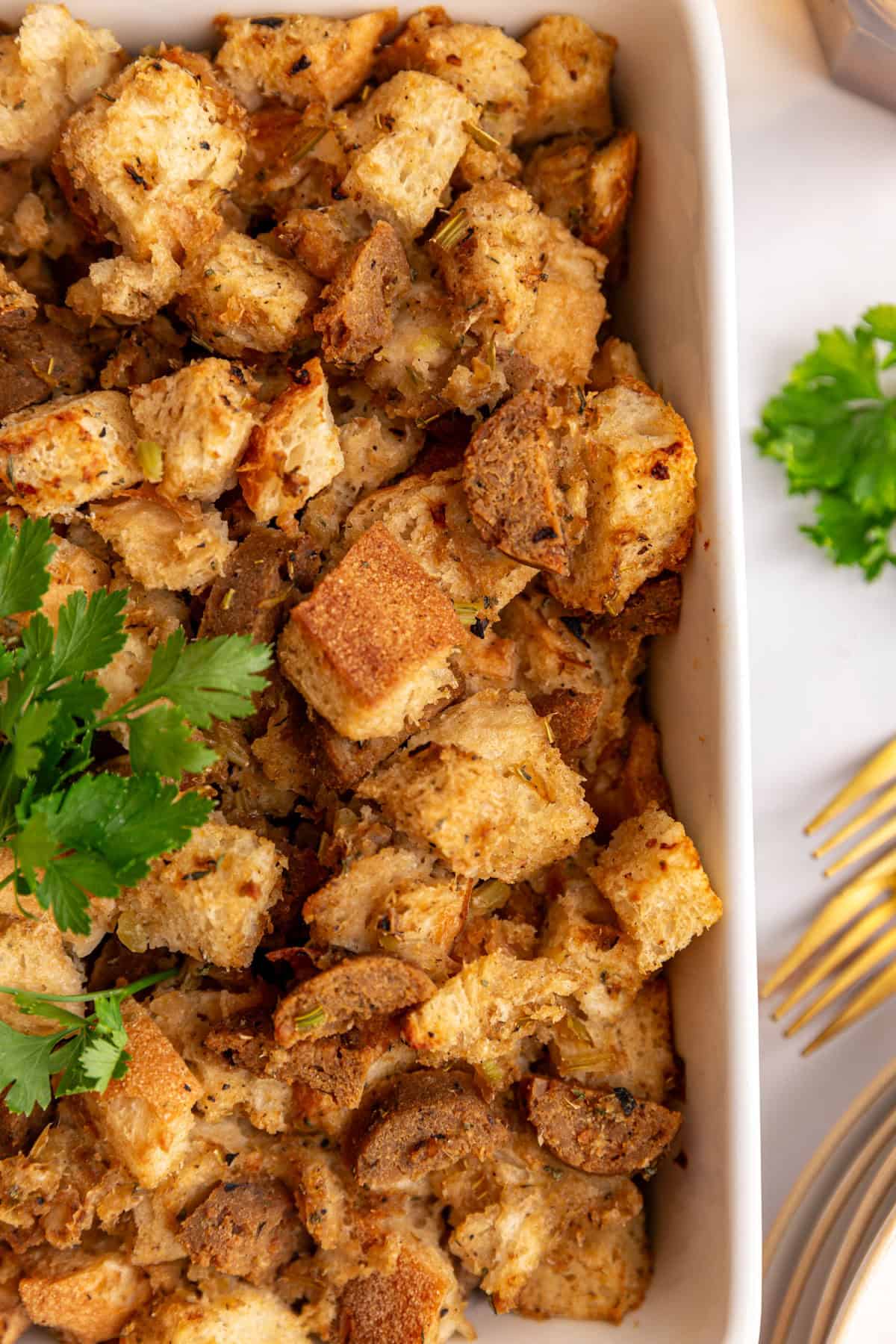 A close up view of the texture of the sausage stuffing.