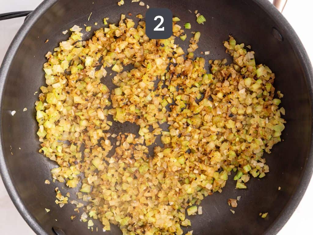Vegan Sausage Stuffing Step 2 - cook the onion and celery.
