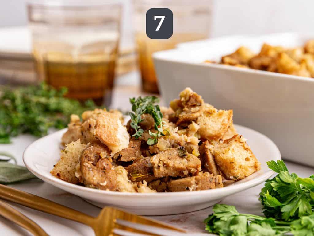 Vegan Sausage Stuffing Step 7 - garnish with fresh herbs.