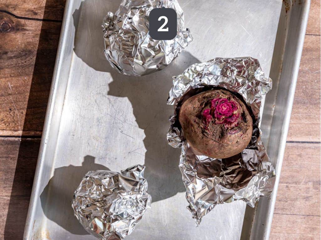Balsamic Roasted Beets Step 2 - wrap the beets in foil and roast.
