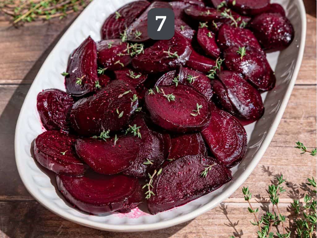 Balsamic Roasted Beets Step 7 - serve with fresh thyme.