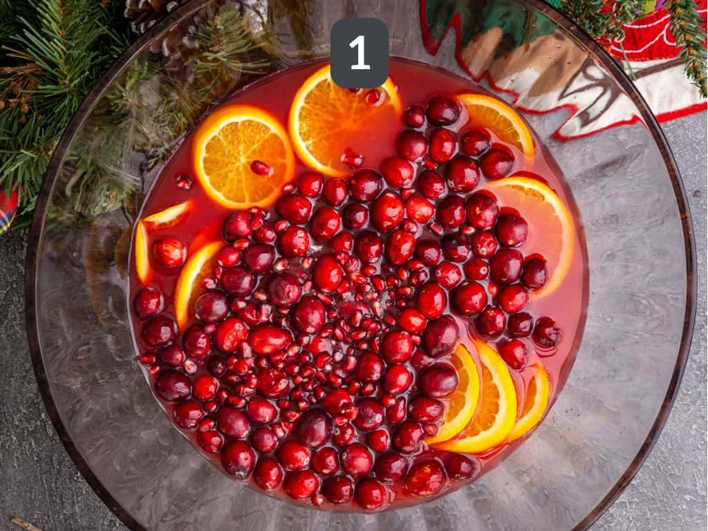 Non-Alcoholic Christmas Punch Step 1 - mix all ingredients except club soda.
