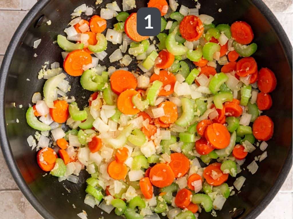 Vegan Cassoulet Step 1 - cook the onion, carrots, and celery.