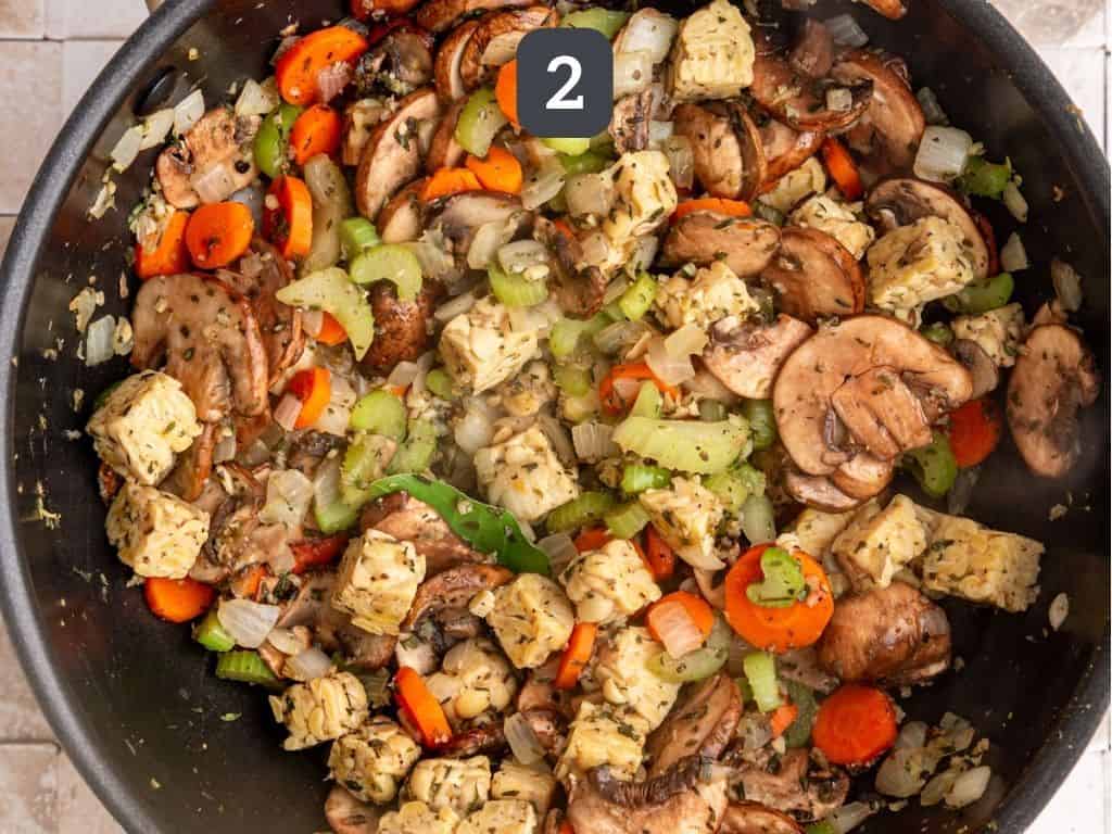 Vegan Cassoulet Step 2 - add the mushrooms, tempeh, and herbs.