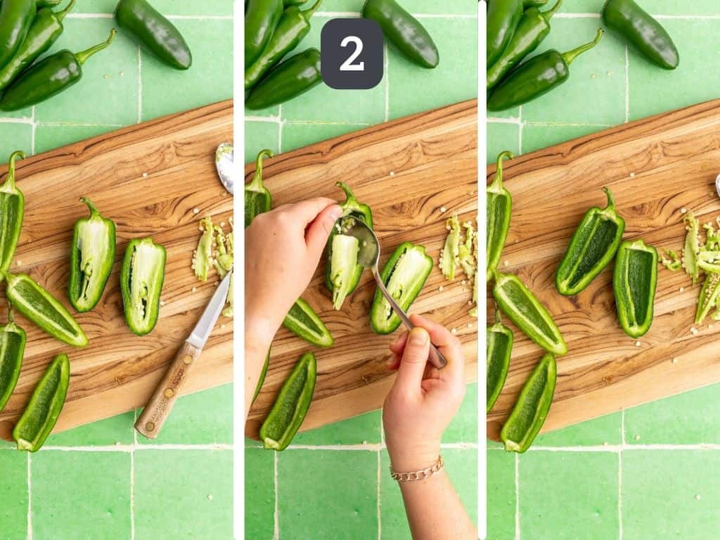 Vegan Jalapeño Poppers Step 2 - de-membrane the jalepeños.