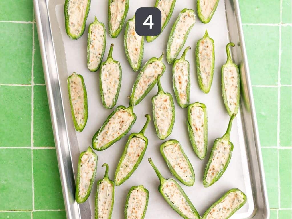 Vegan Jalapeño Poppers Step 4 - stuff the peppers.