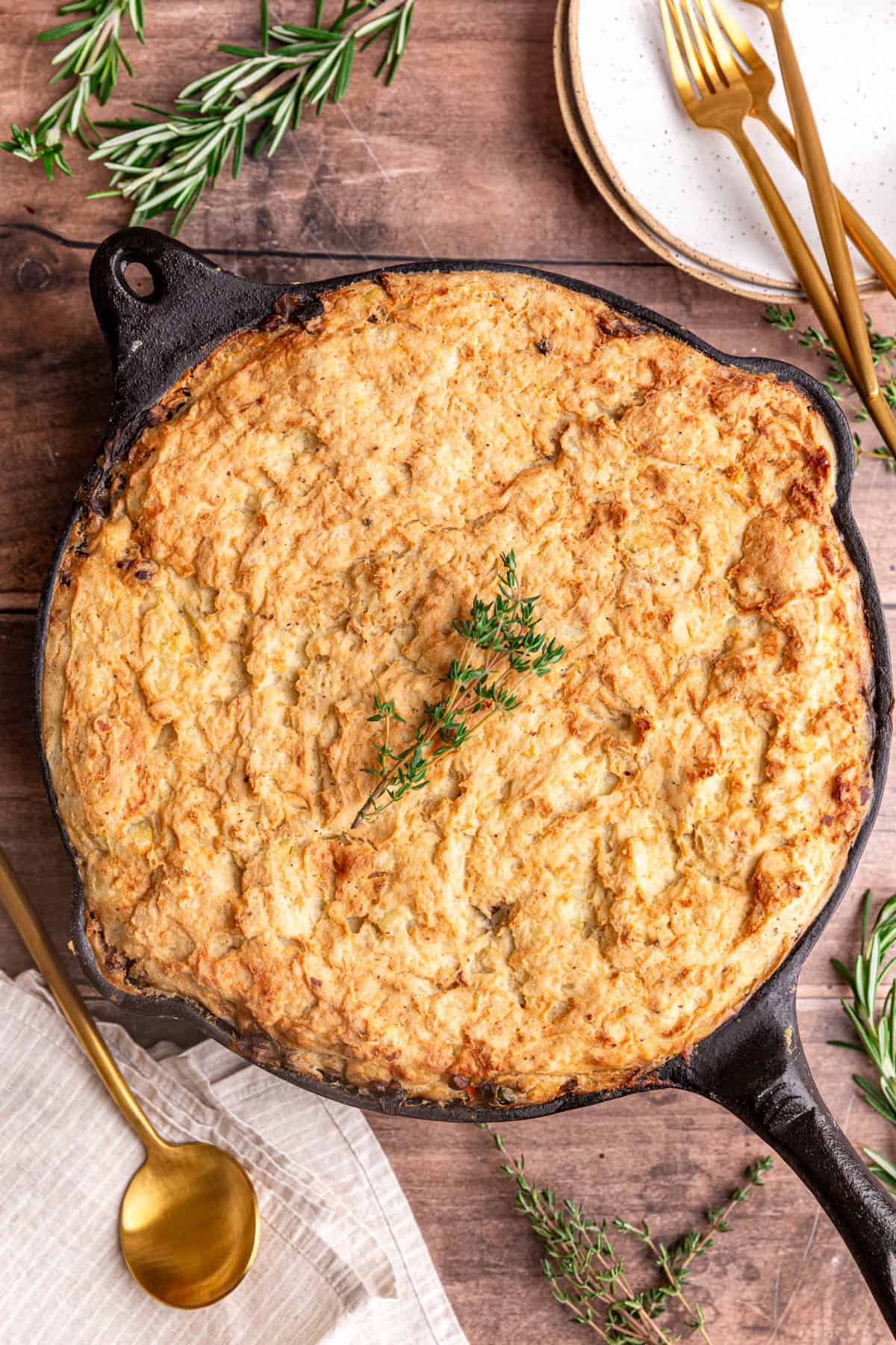 A freshly baked vegan lentil shepherd's pie.