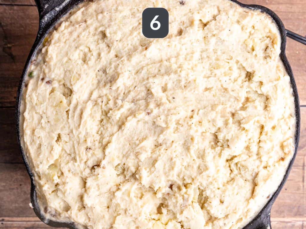 Vegan Lentil Shepherd's Pie Step 6 - top with mashed potatoes.