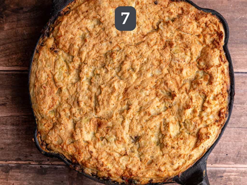 Vegan Lentil Shepherd's Pie Step 7 - bake, then broil until golden.