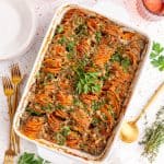 A freshly baked dish of vegan sweet potato gratin.