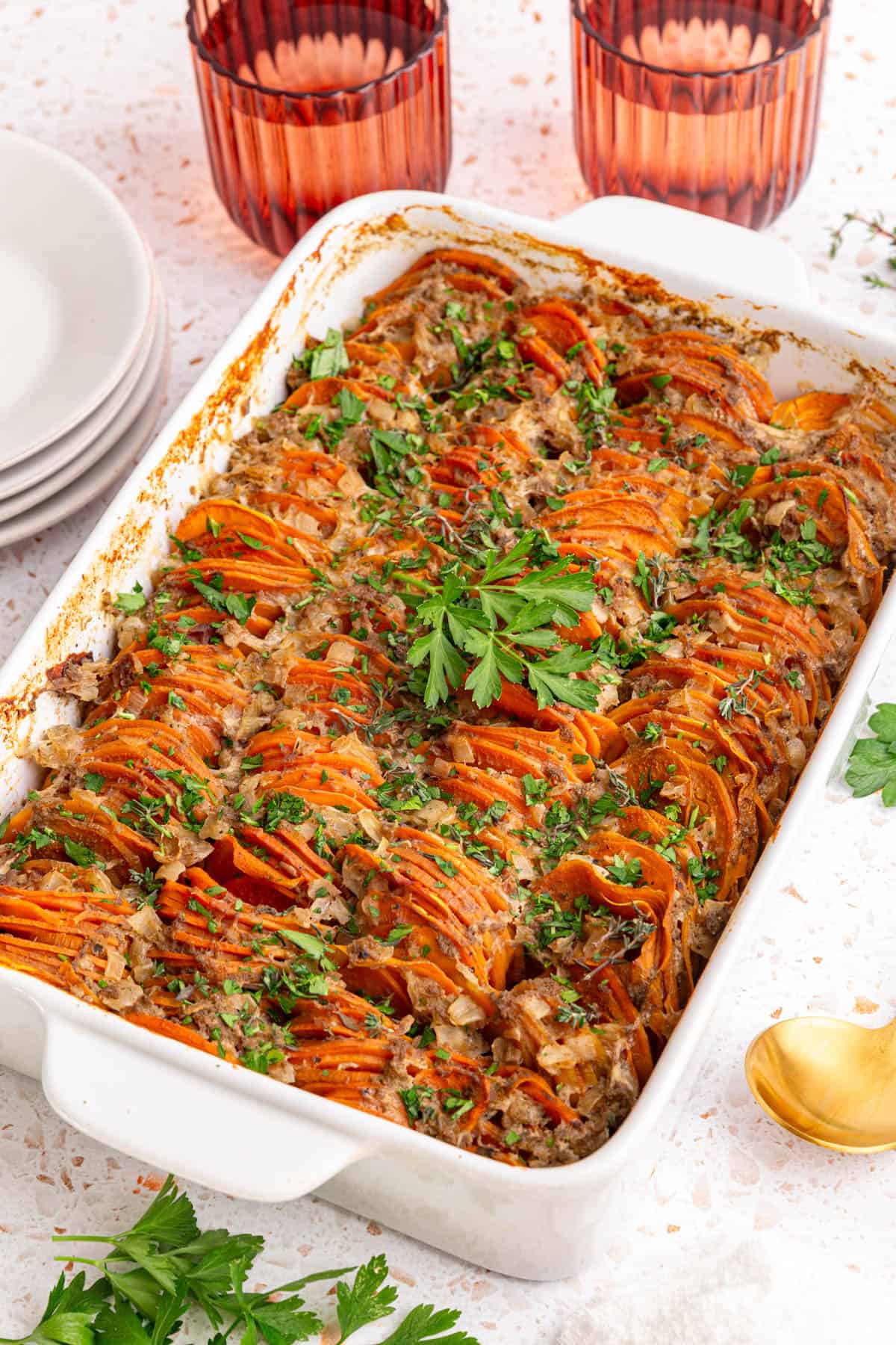 A freshly baked dish of vegan sweet potato gratin.