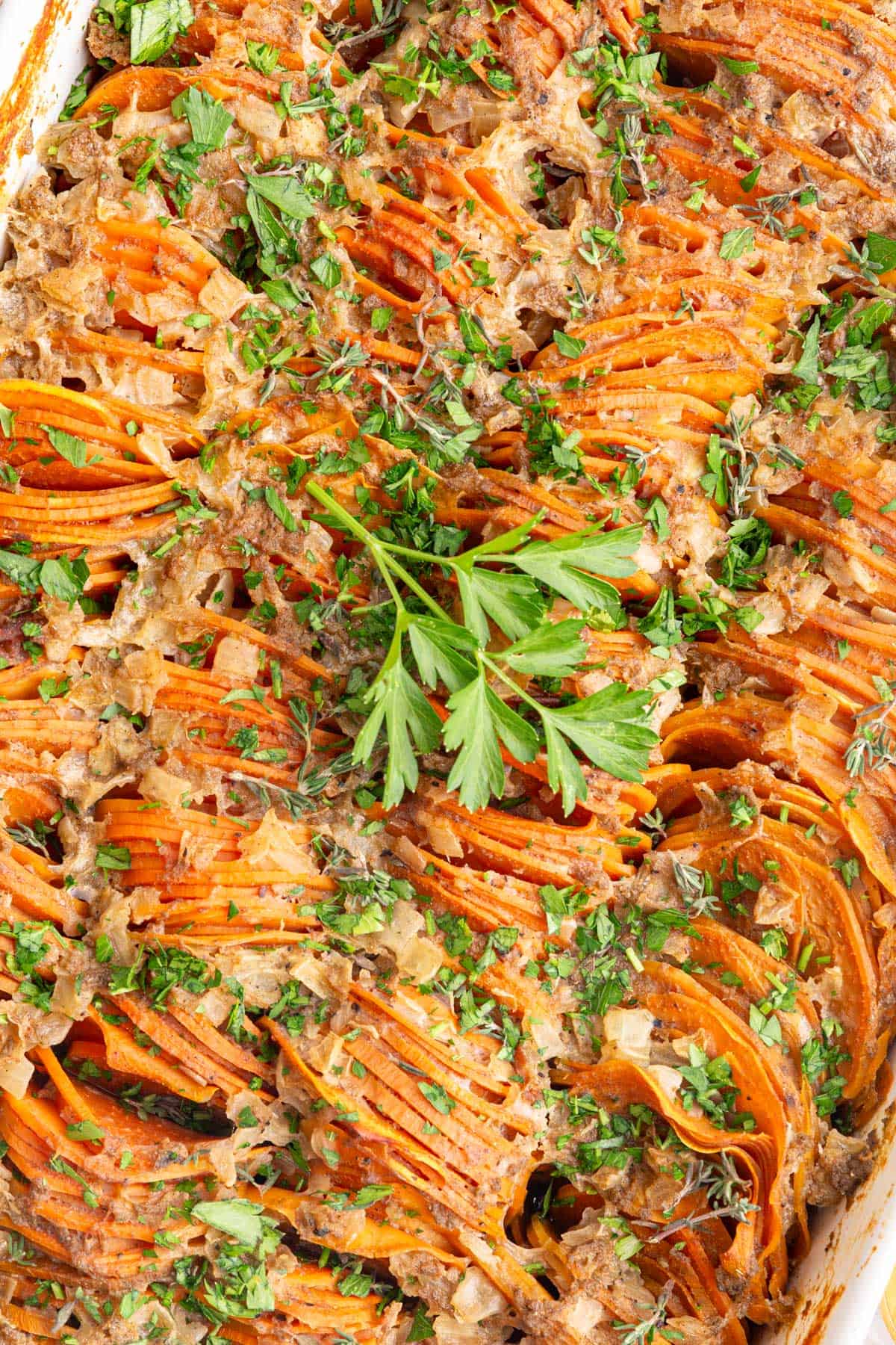 A close-up view of the texture of vegan sweet potato gratin.