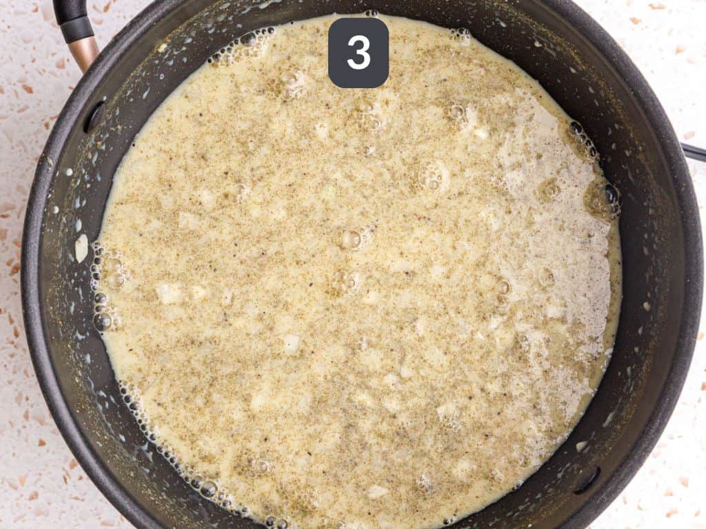 Sweet Potato Gratin Step 3 - add the milk and broth.