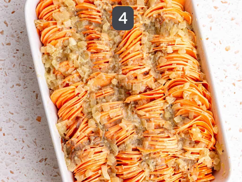 Sweet Potato Gratin Step 4 - arrange the potatoes in a baking dish and top with the mixture.