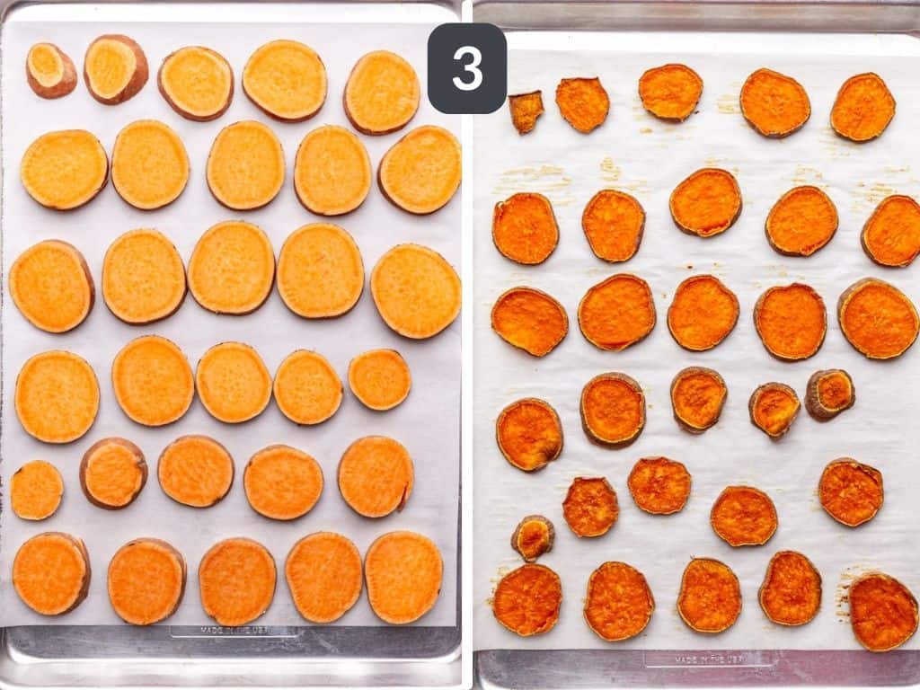 Baked sweet potato slices step 3 - bake until crisp.