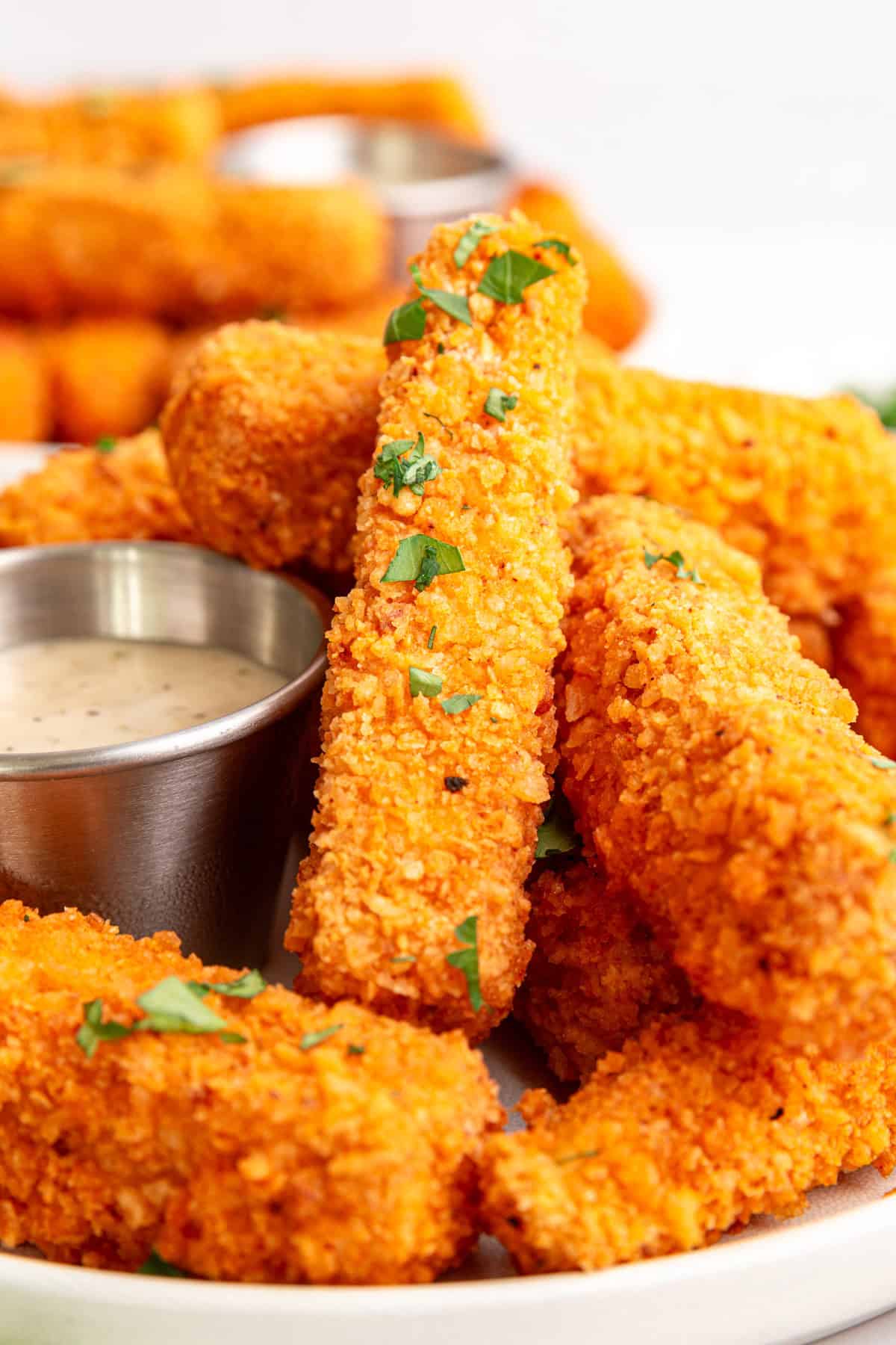 A close up view of the crisp texture of the tofu wing breadding.