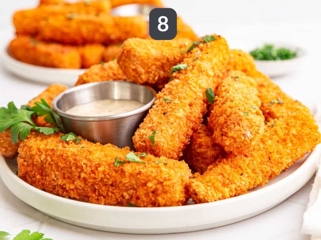 Buffalo Tofu Step 8 - serve with vegan ranch.