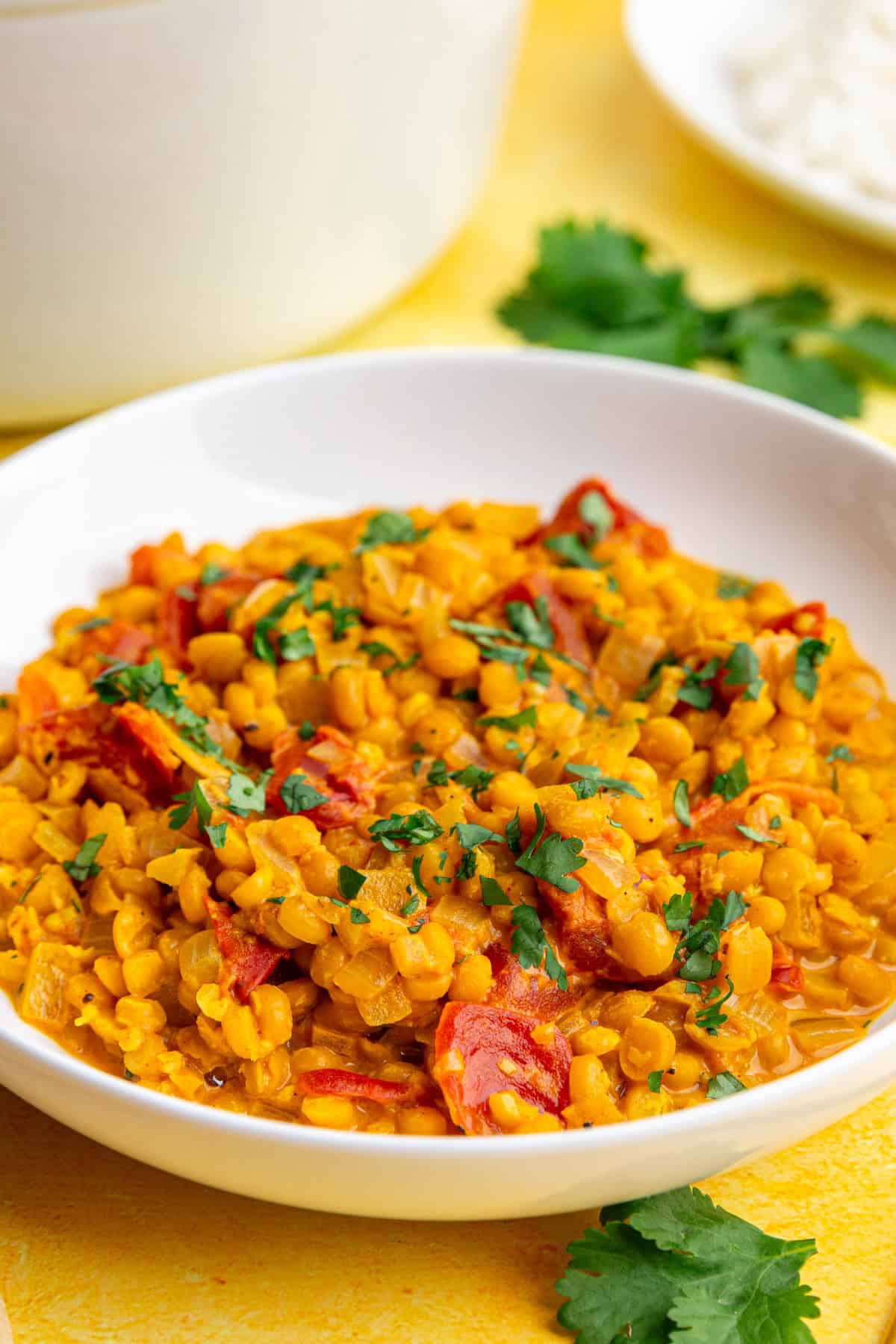 A bowl of chickpea dahl garnished with chopped cilantro.