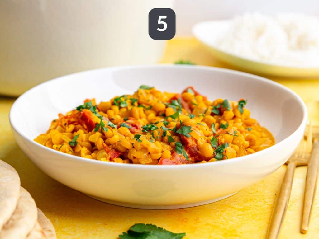 Chickpea Dahl Step 5 - serve garnished with cilantro.