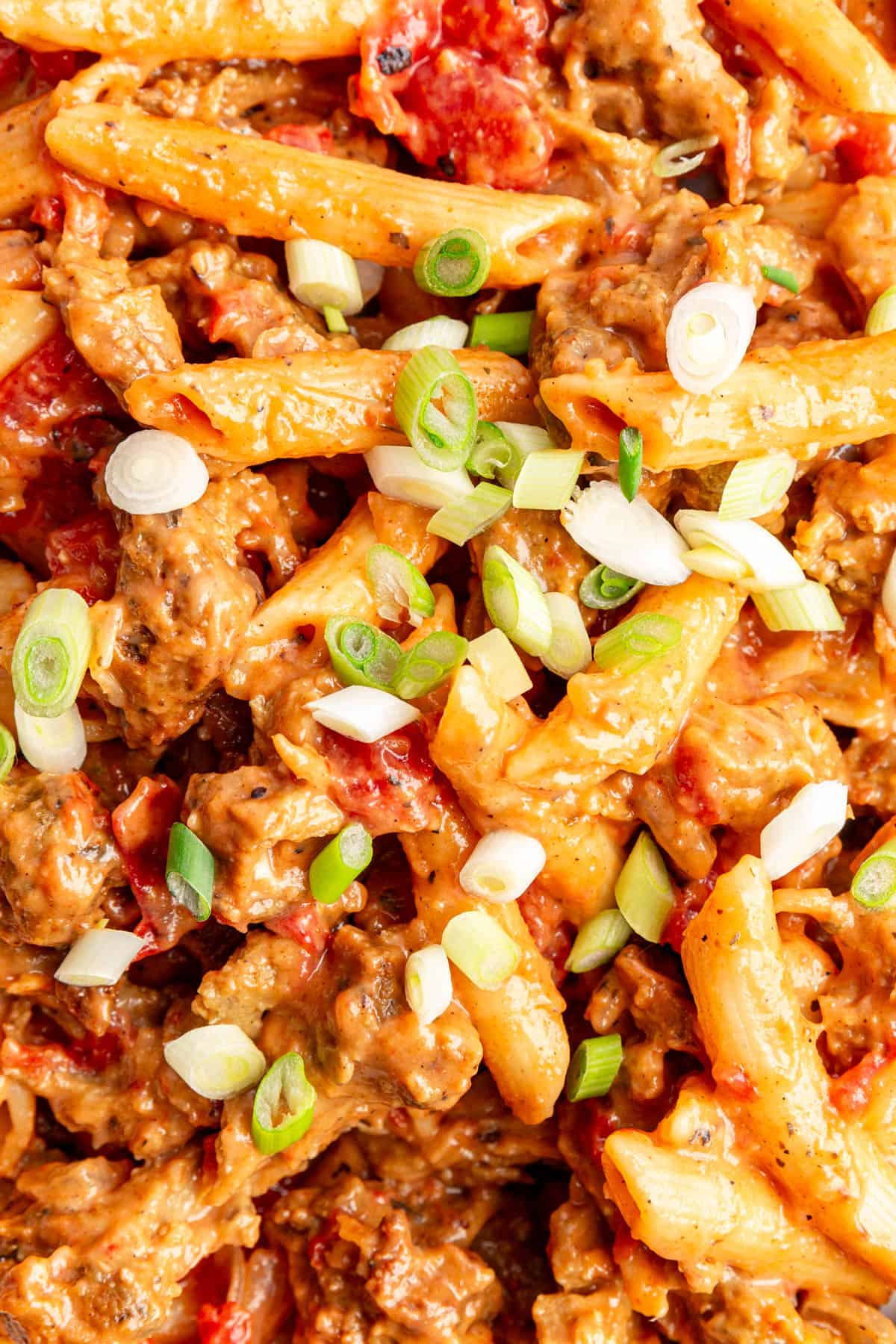 A close up view of the texture of Cajun chicken pasta.