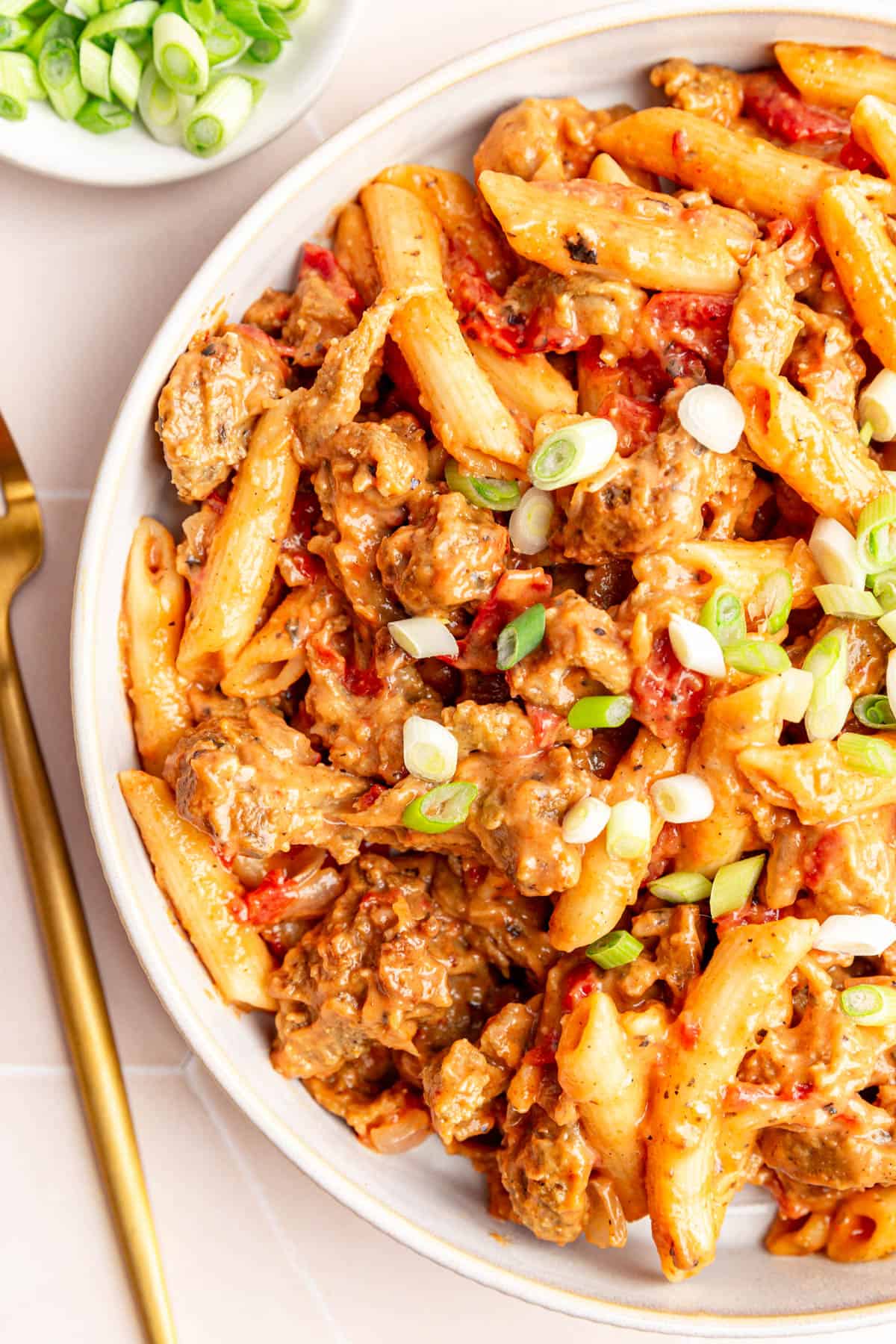 A bowl of vegan Cajun chicken pasta.
