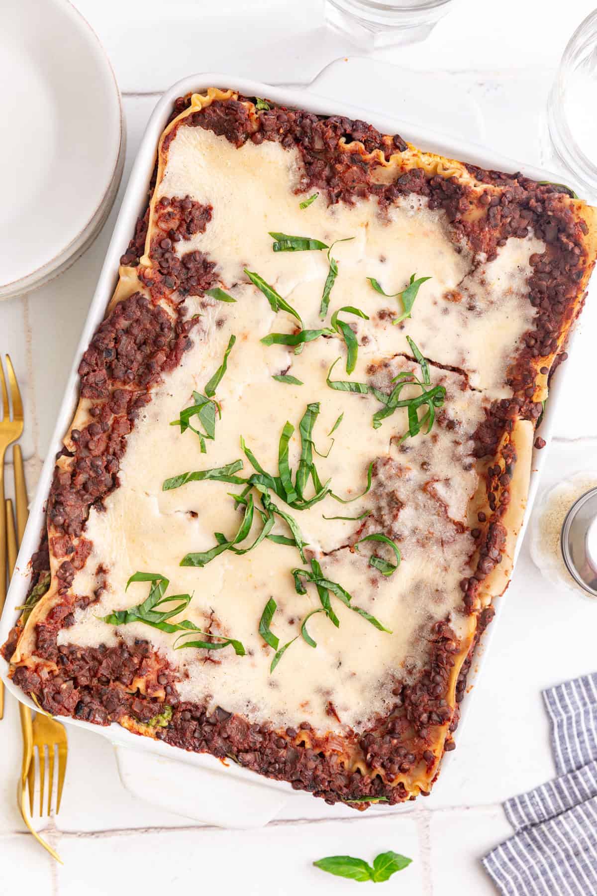 A casserole dish of freshly baked vegan gluten free lasagna.