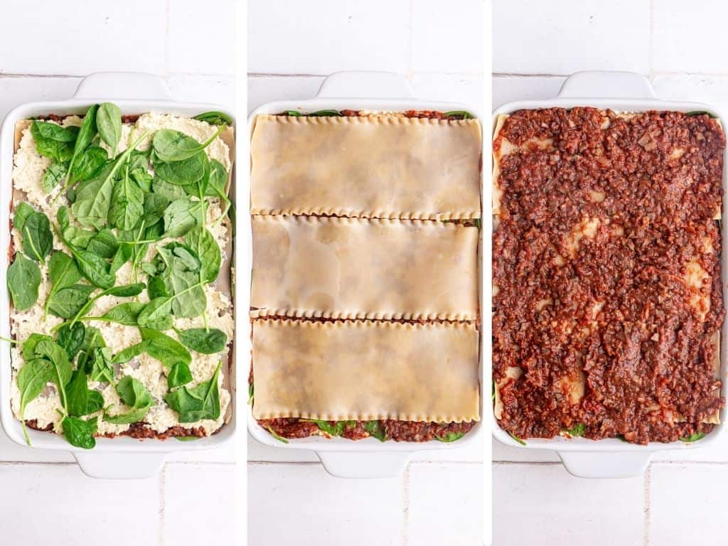 Vegan gluten free lasagna step 5 - layer all the ingredients into a baking dish.