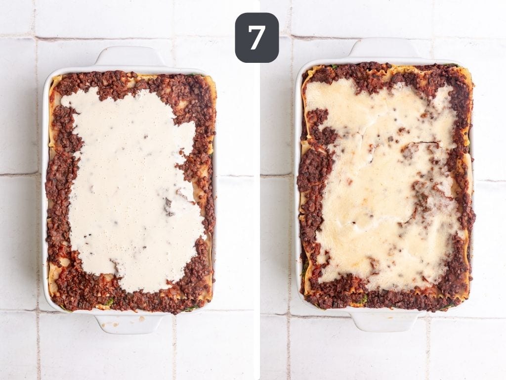 Vegan gluten free lasagna step 7 - add mozzarella and bake again.