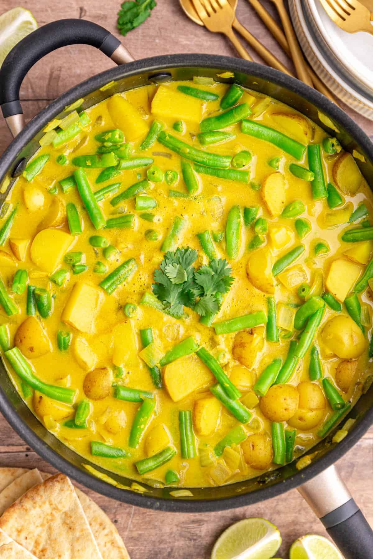 A pot of freshly cooked Vegan Green Bean Potato Curry, ready to serve.