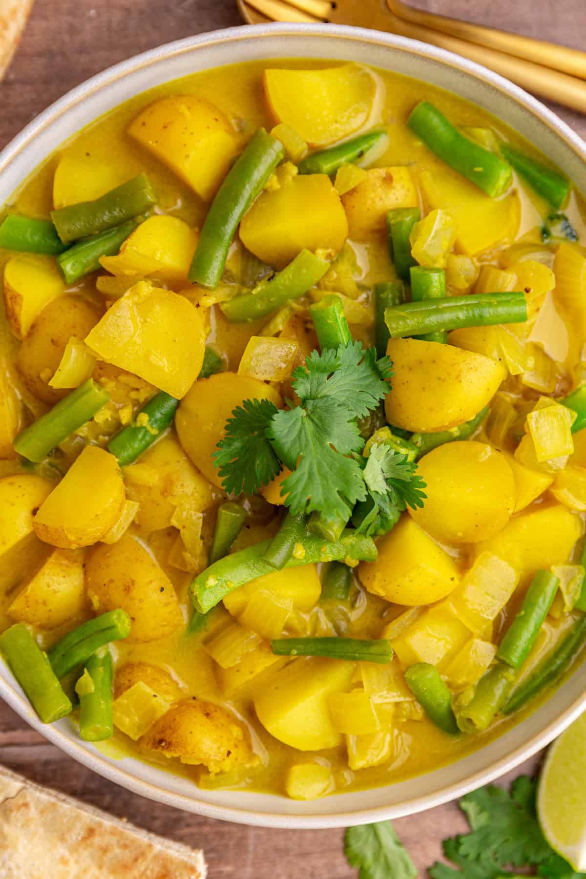 A close up view of the texture of the ingredients in a bowl of vegan green bean potato curry.