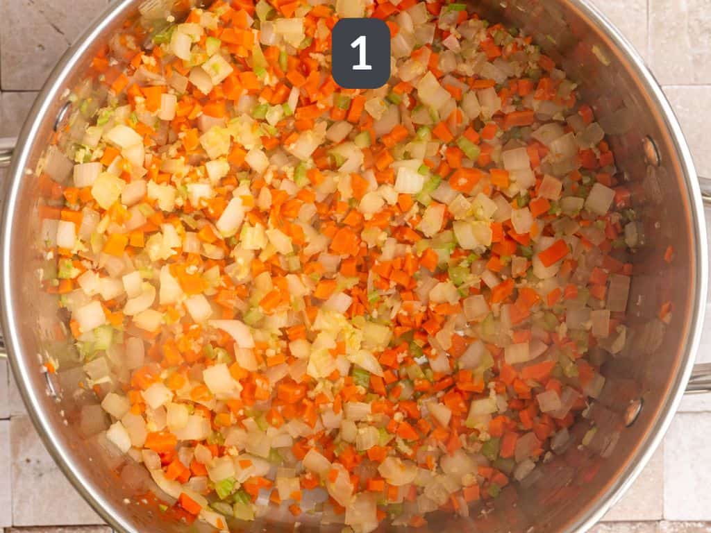 Vegan Pasta e Fagioli Step 1 - cook the onion, carrot, and celery.