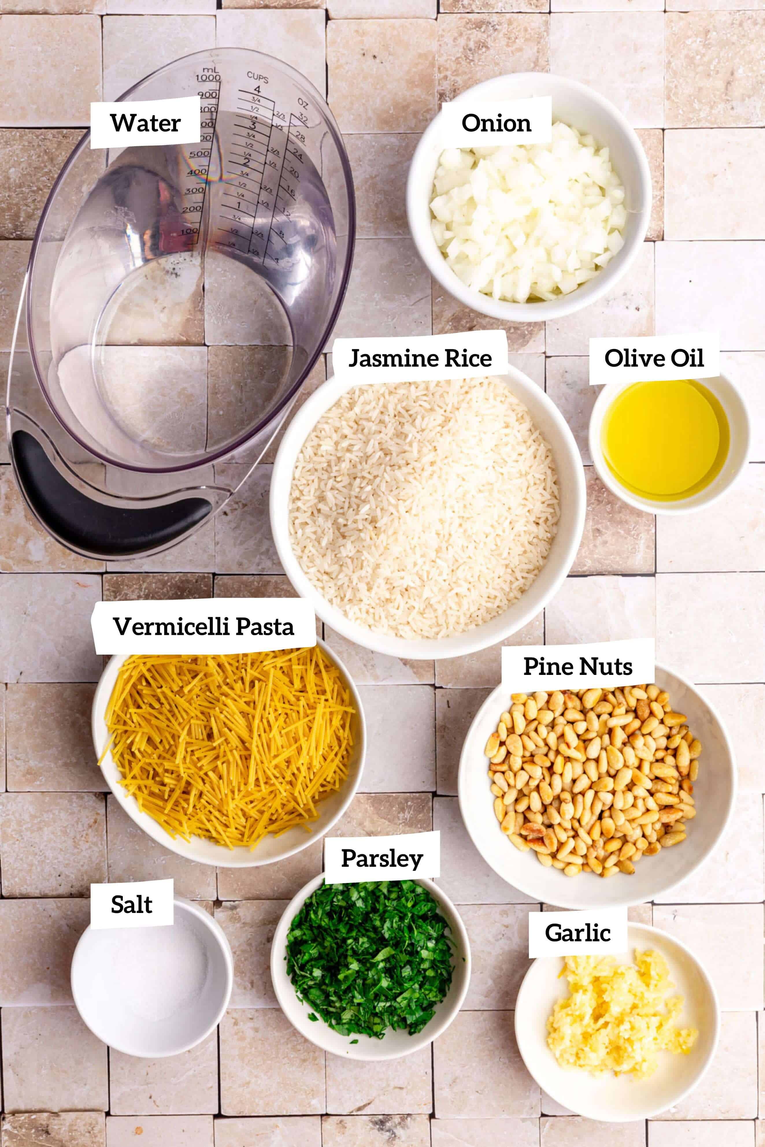 Vegan rice pilaf ingredients.