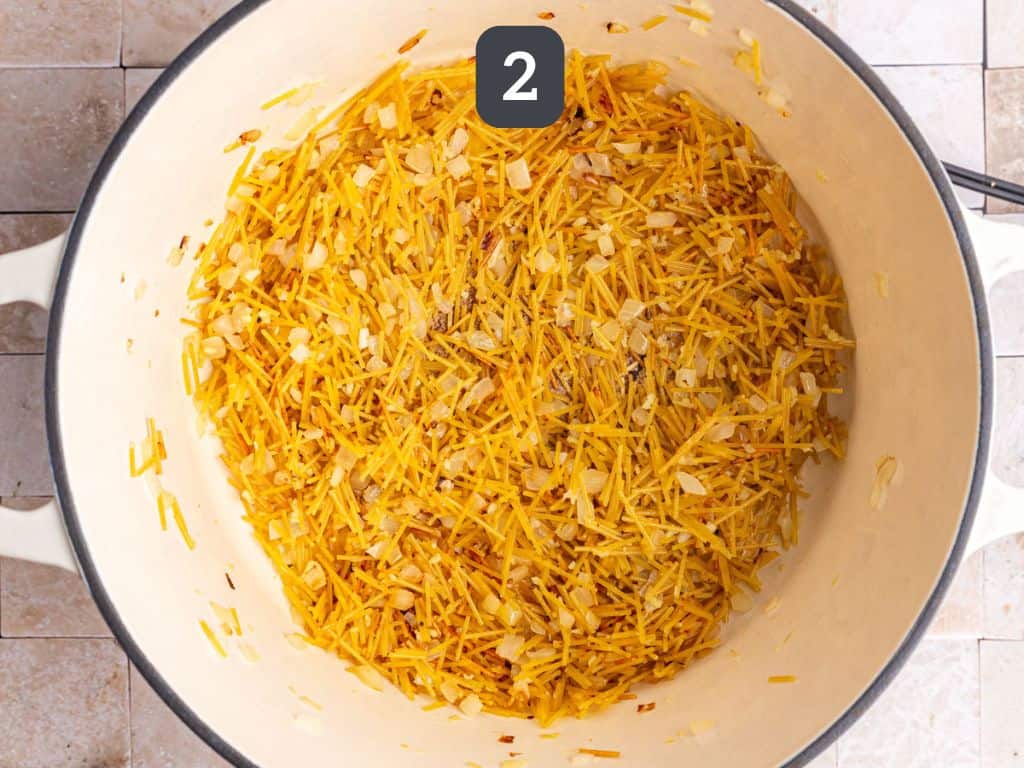 Vegan rice pilaf step 2 - toast the pasta.