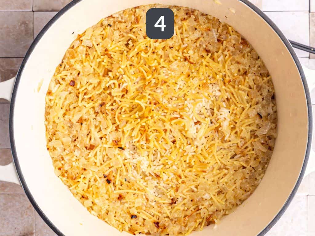 Vegan rice pilaf step 4 - cook with water.