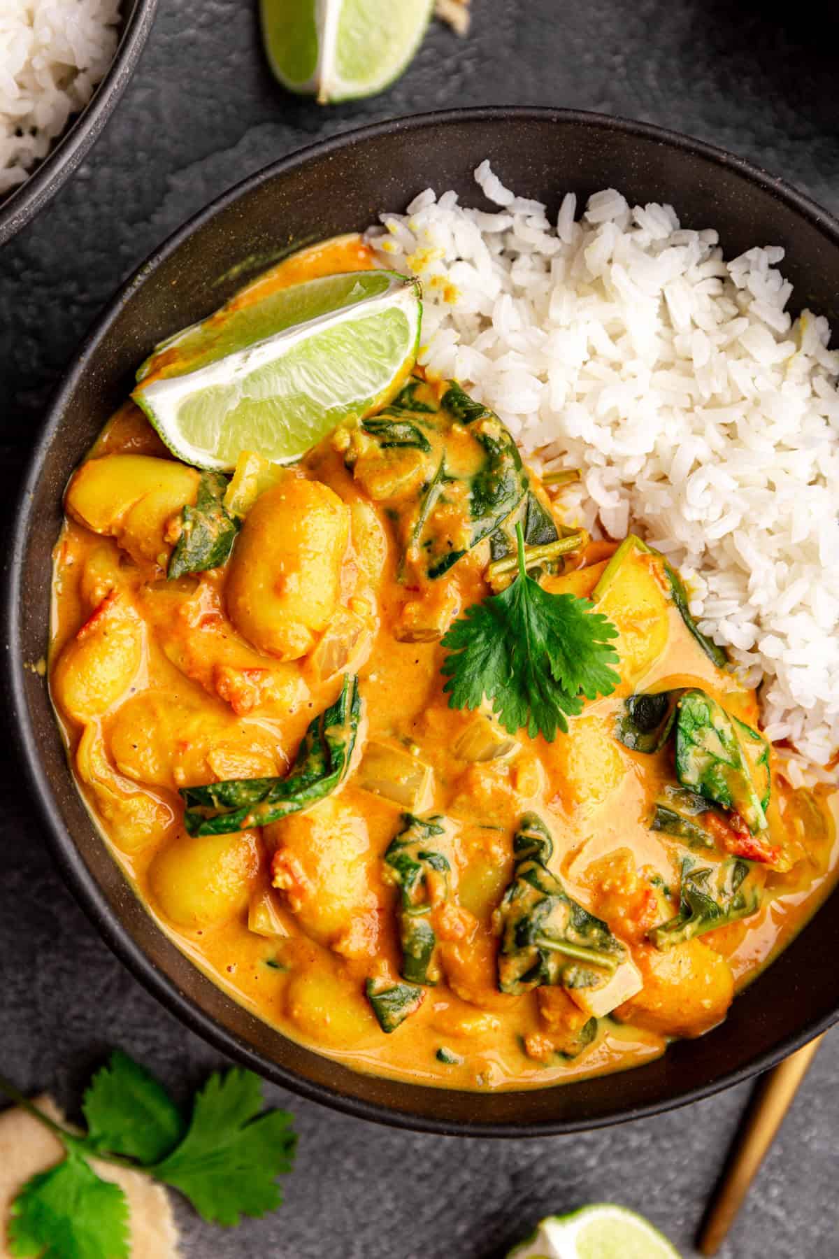 A bowl of rice and butter bean curry, with a lime wedge, garnished with cilantro.