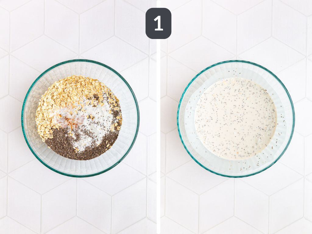 Coconut milk overnight oats step 1 - mix the ingredients.