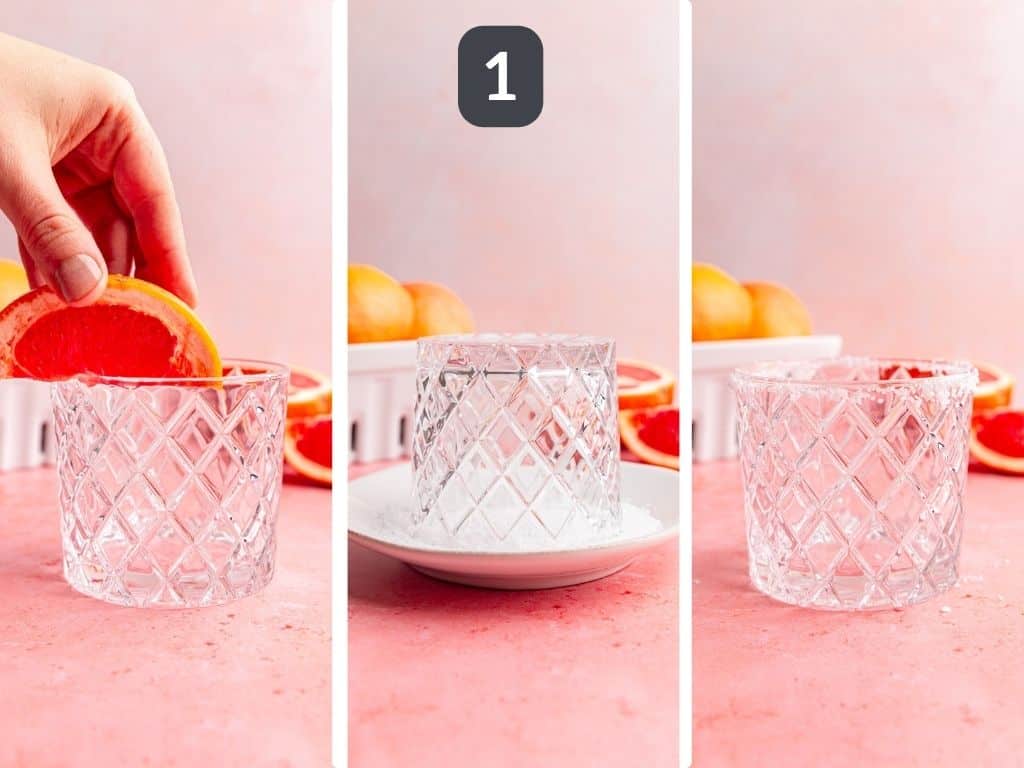 Grapefruit mocktail step 1 - rim the glass with salt.
