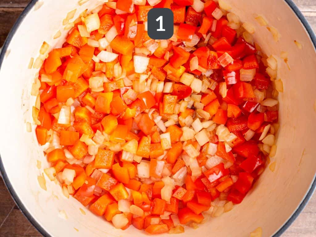 Red Pepper Red Lentil Soup Step 1 - sauté the peppers and onions.