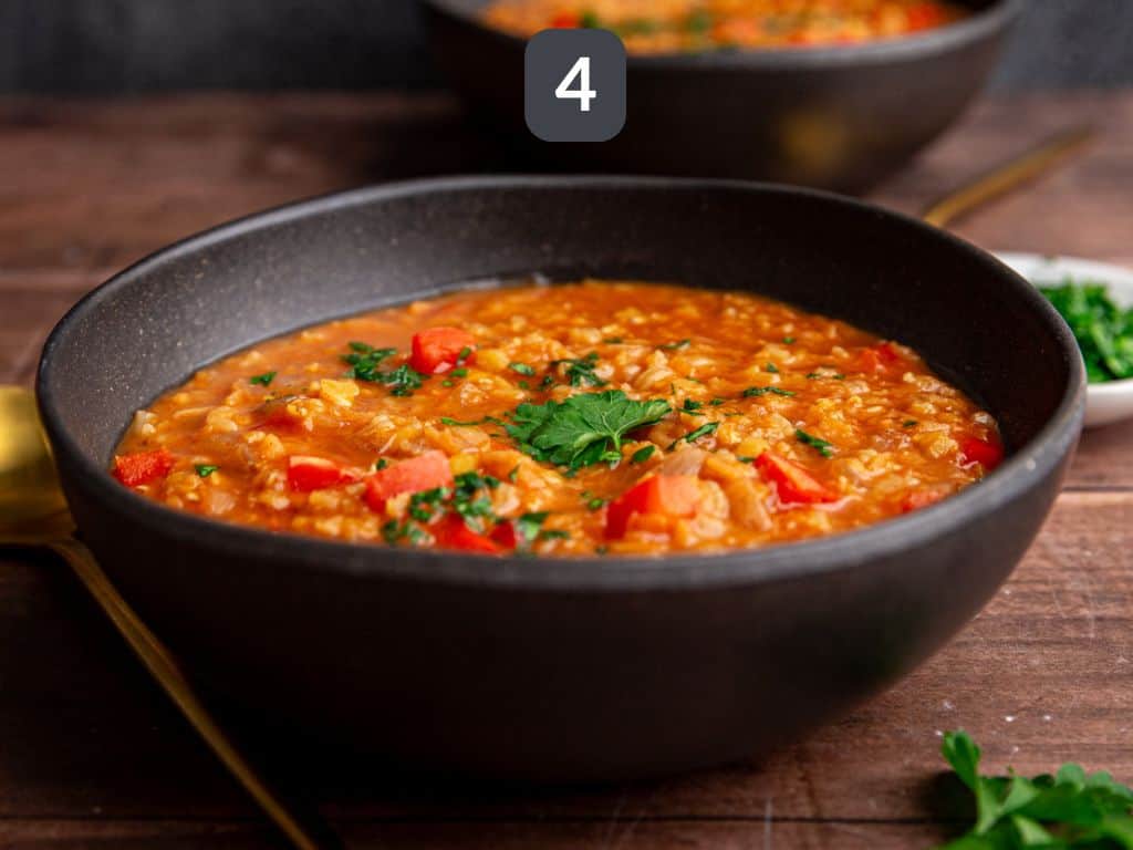 Red Pepper Red Lentil Soup Step 4 - serve garnished with parsley.